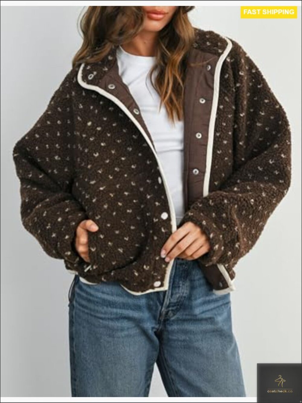 Women's Fleece Jacket Button Down Lapel Collar Sherpa Long Sleeve Quilted - Picture 2 of 7